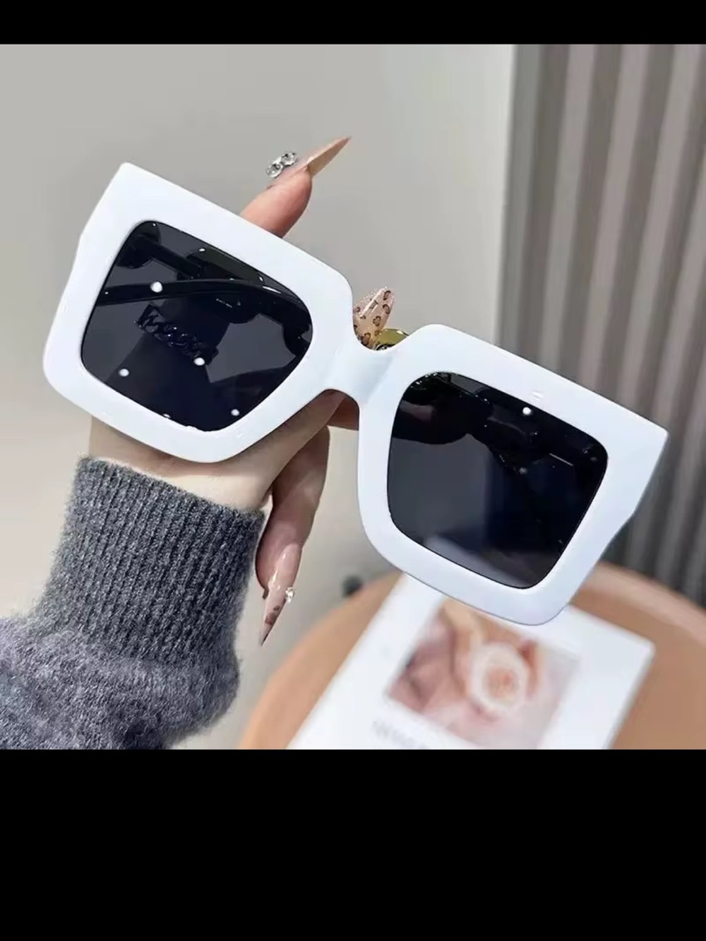 White Oversized Square Women's Sunglasses with Black Lenses